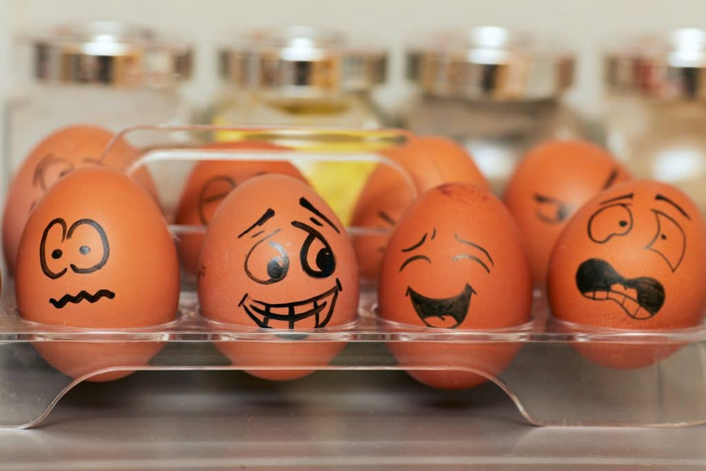 different faces of eggs on the shelf 