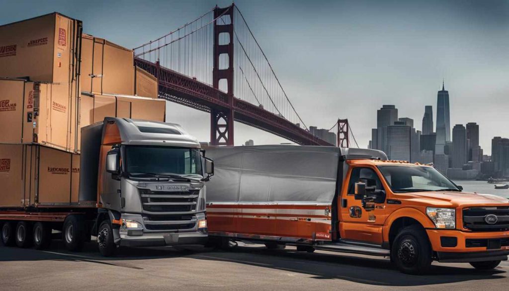 two trucks in front of the golden bridge in San Francisco