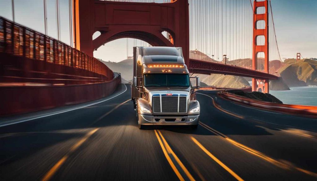 moving truck crossing the golden bridge 