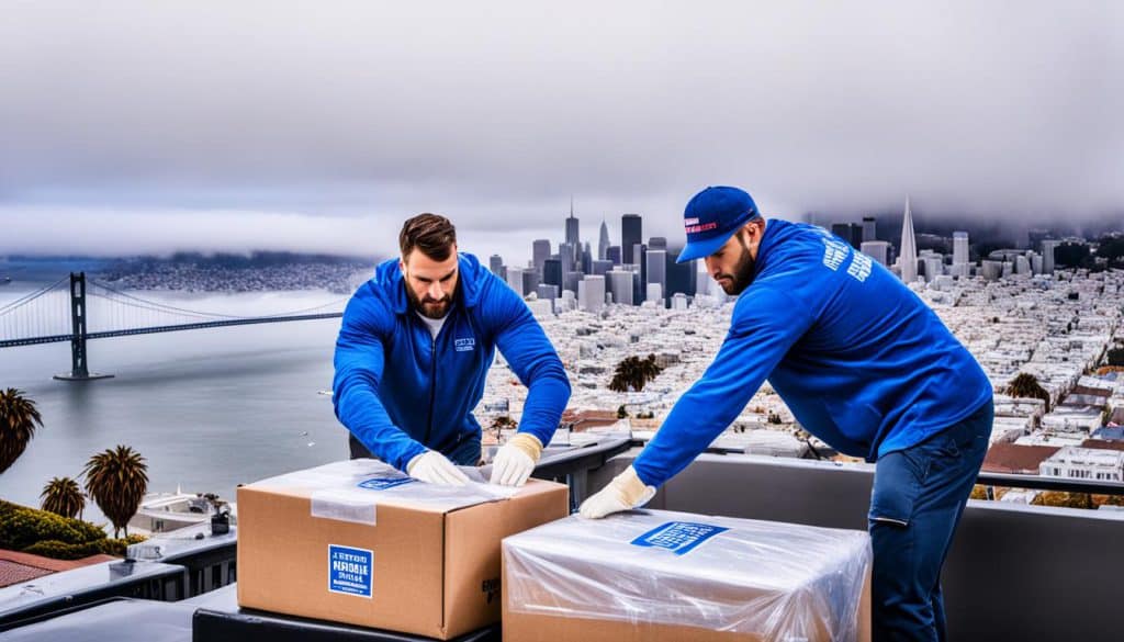 Movers unpacking boxes with the Golden Bridge in the background