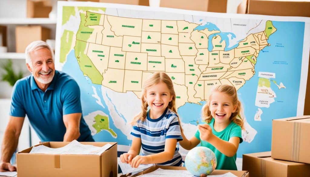 A family with a big map of the USA in the back