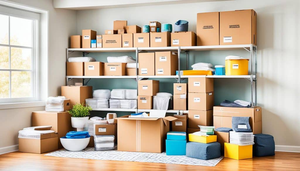 Boxes on shelves 
