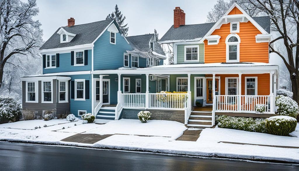 Two houses with a snow in the front yard