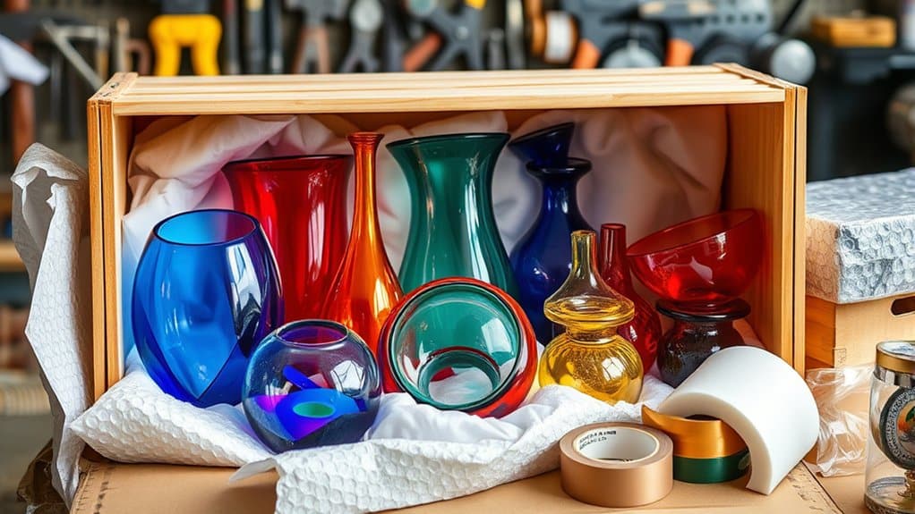 Vibrant glass vases and bowls carefully placed in a padded wooden crate, ready for secure transport.