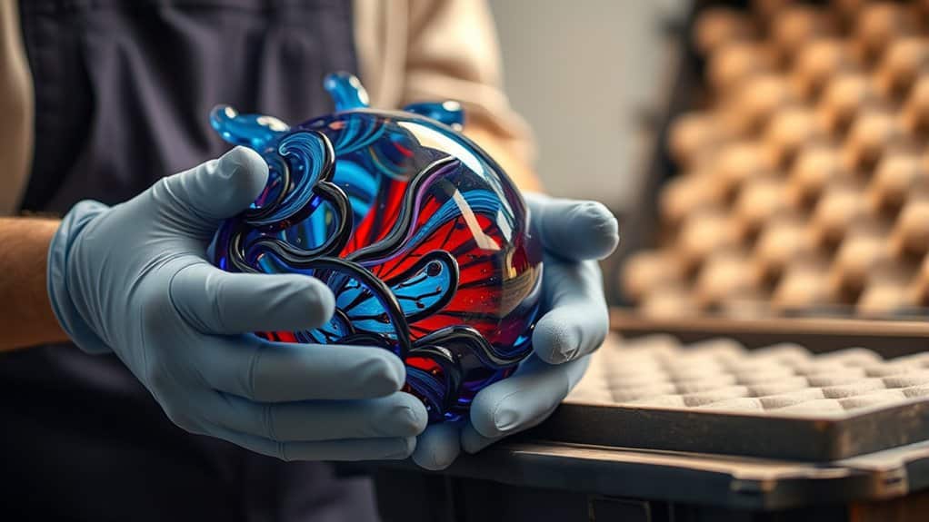 Gloved hands holding a swirling blue and red glass art piece, highlighting delicate handling and protective packaging.