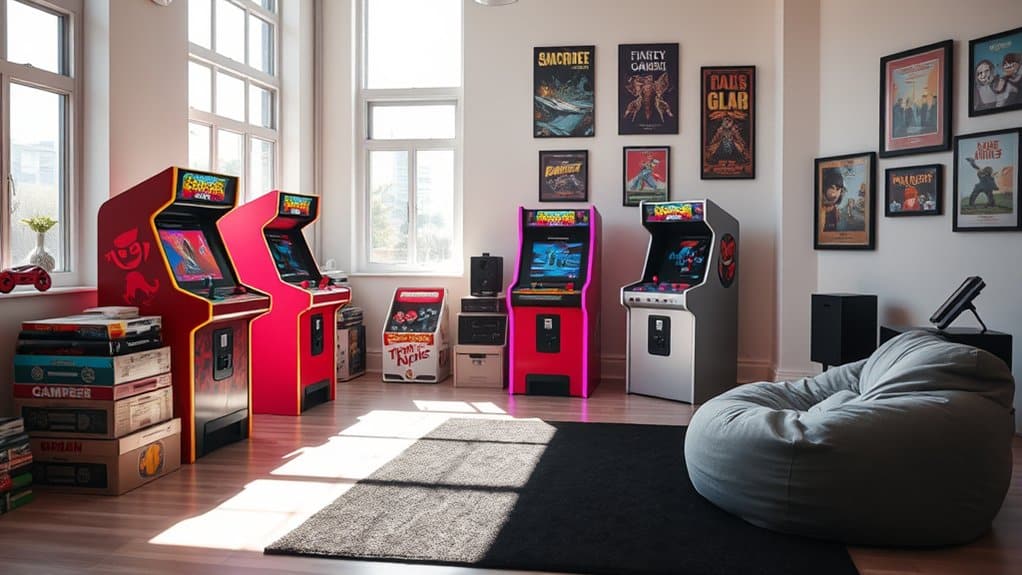 Bright home game room featuring multiple classic arcade cabinets, posters, and a beanbag chair
