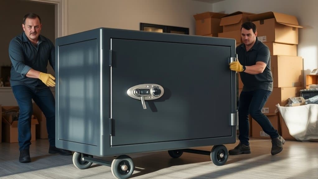 Two men in gloves carefully moving a large gun safe on wheels, illustrating proper lifting and transport techniques.