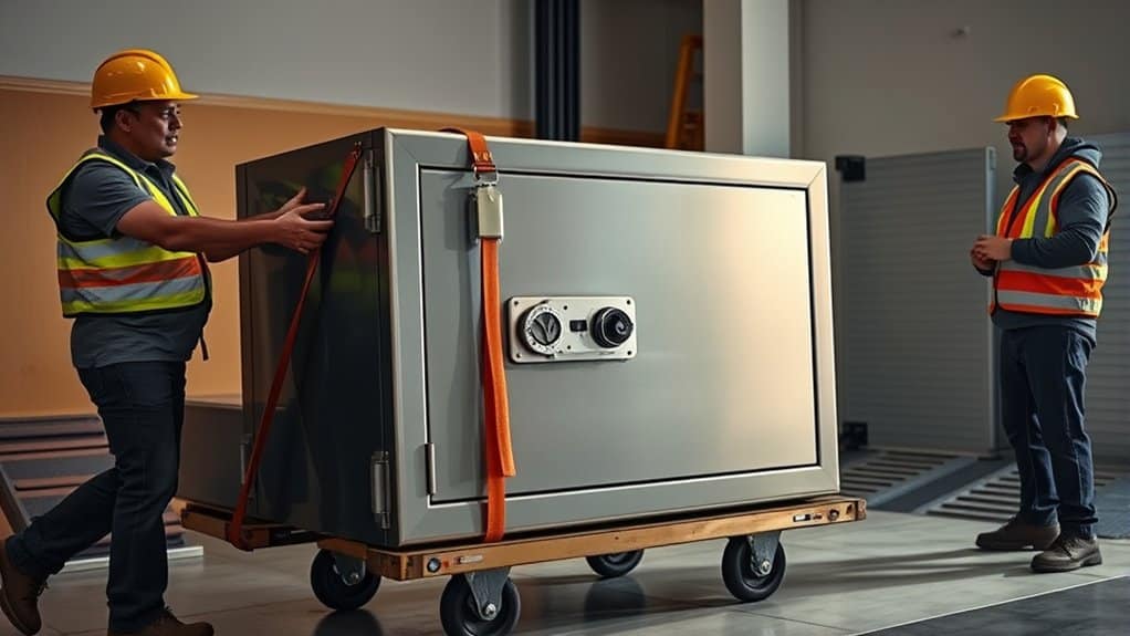 Two workers wearing safety gear securing a heavy gun safe on a wheeled platform with straps, demonstrating safe relocation practices.