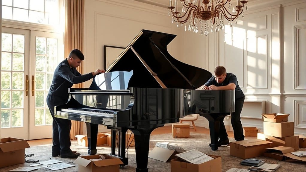 Two men preparing a grand piano for relocation in a well-lit room with moving boxes.