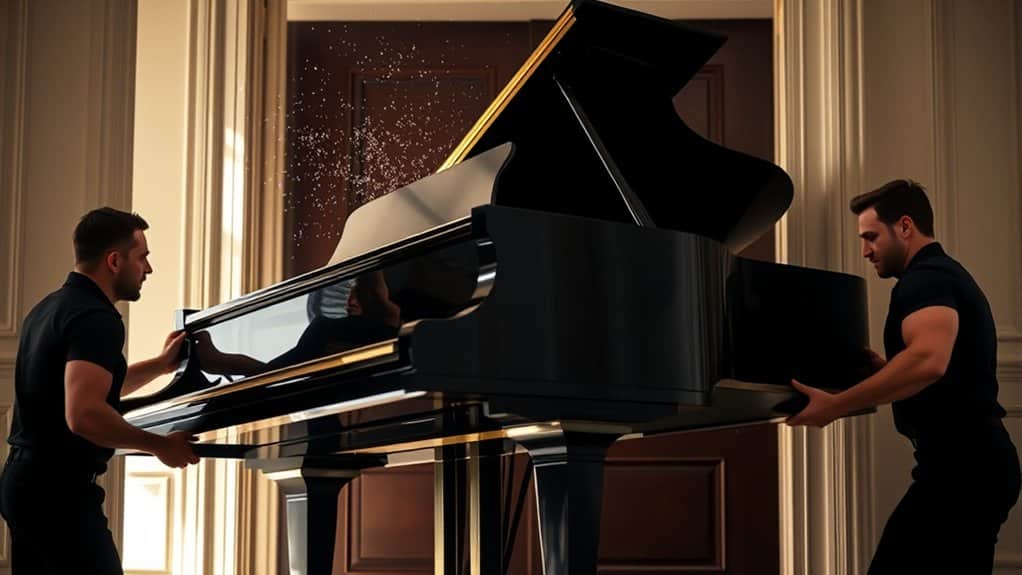 Two movers carefully lifting a glossy black grand piano in a spacious, elegant interior.