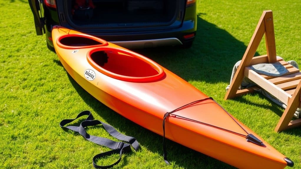 Orange kayak on the grass beside a car, with straps ready for loading and securing