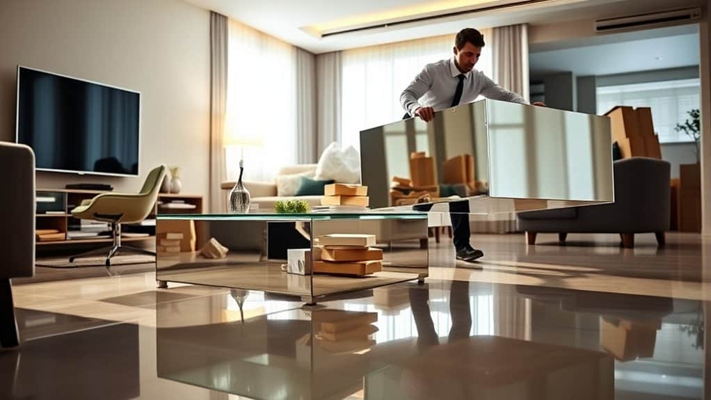 A man lifting a mirrored coffee table in a modern living room, surrounded by moving boxes.