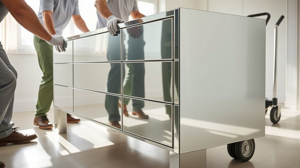 Two movers in gloves carefully positioning a mirrored dresser on a wheeled dolly in a bright room.