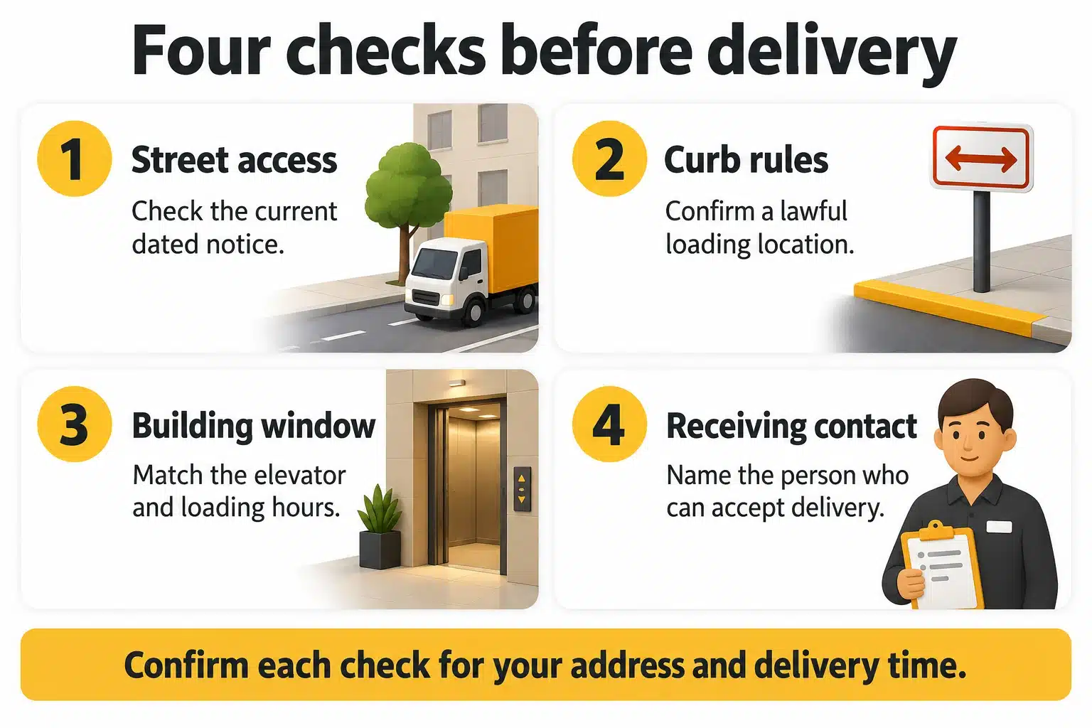 Four checks for an NYC event-week delivery: street access, curb rules, building window and receiving contact.