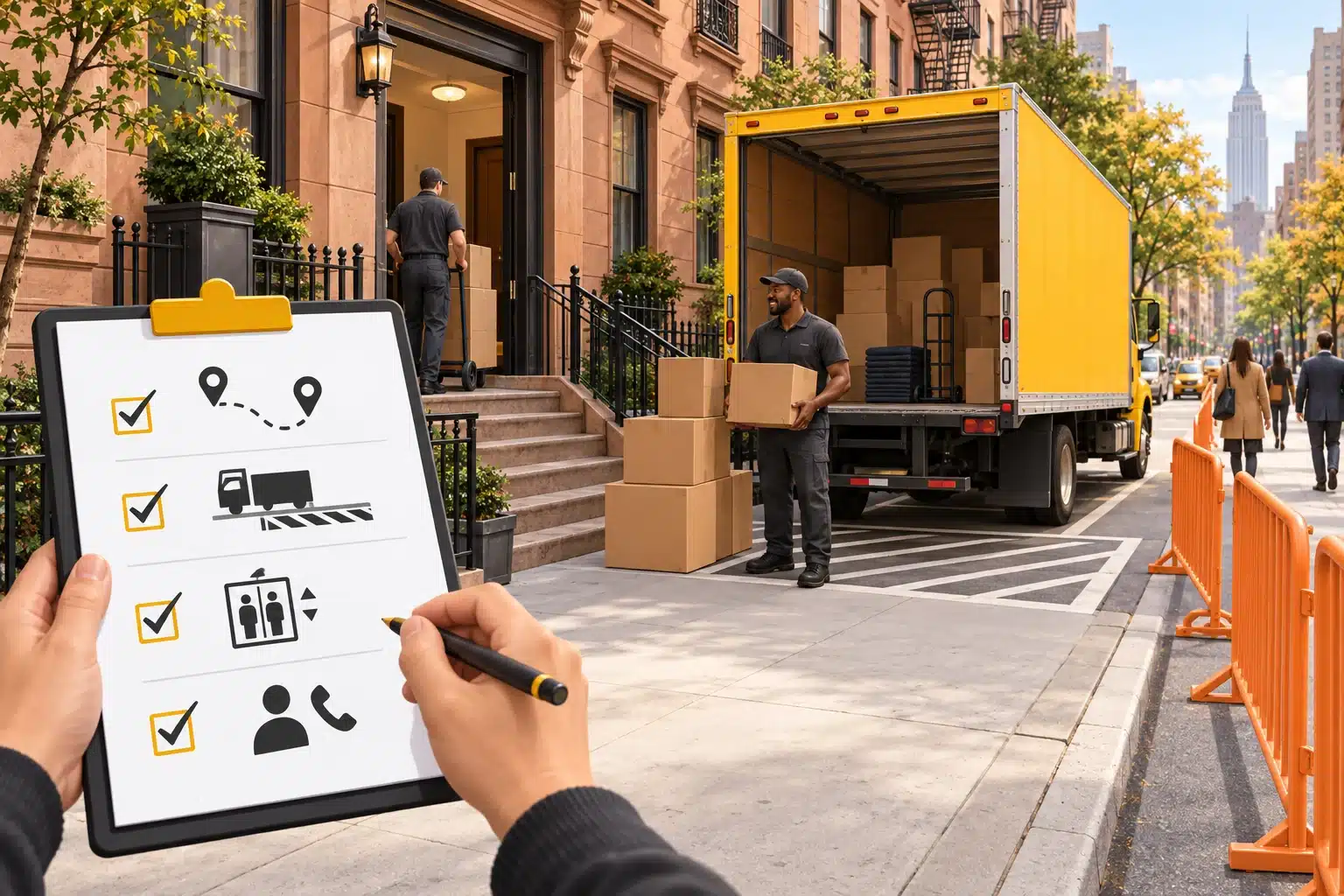 Unbranded moving truck, apartment entrance and event barriers illustrating NYC delivery access planning.