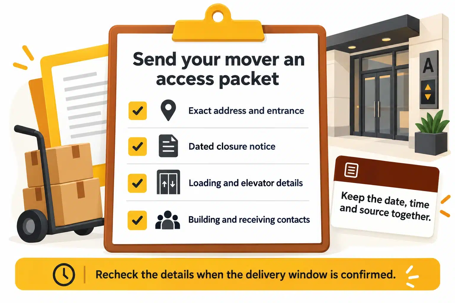 Checklist of address, closure notice, loading and elevator details, and contacts to send to a mover.