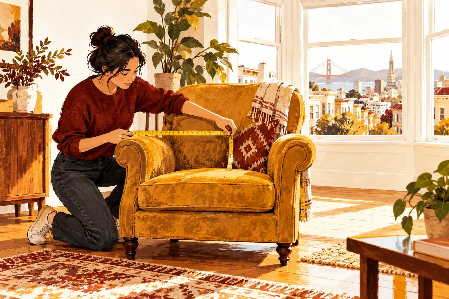 Resident measuring an old armchair in a San Francisco apartment