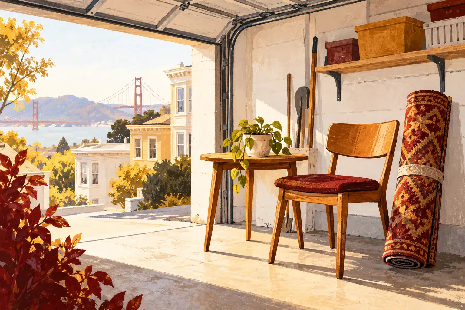 Table, chair and rolled rug set aside in a garage
