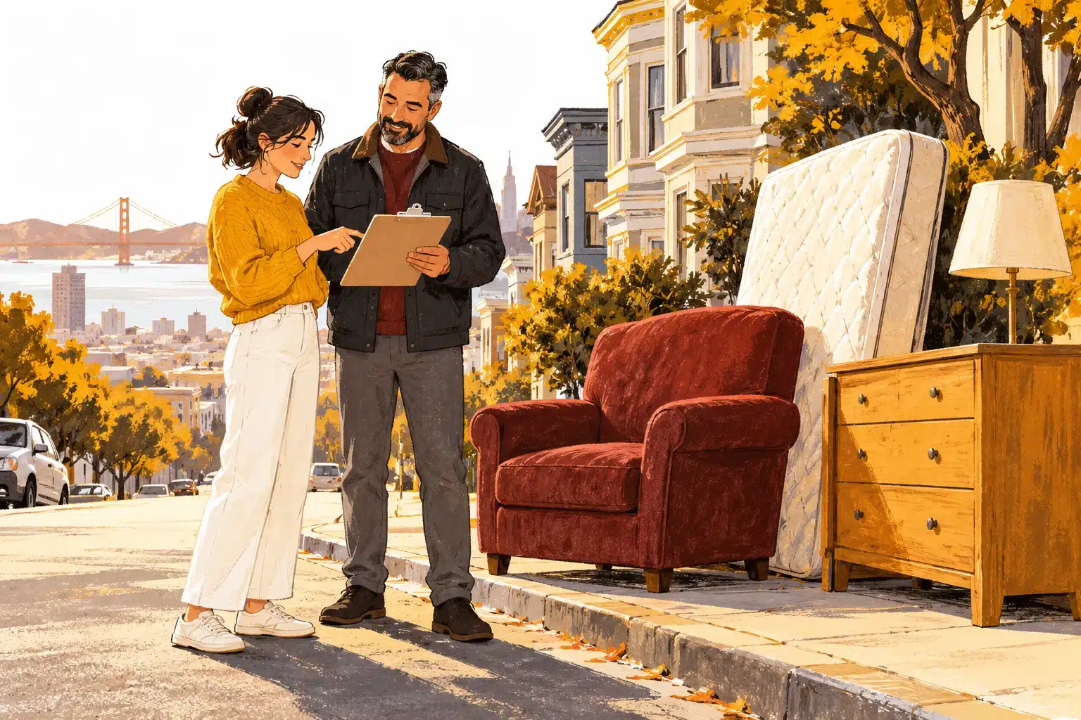 Residents reviewing bulky furniture prepared beside a clear sidewalk
