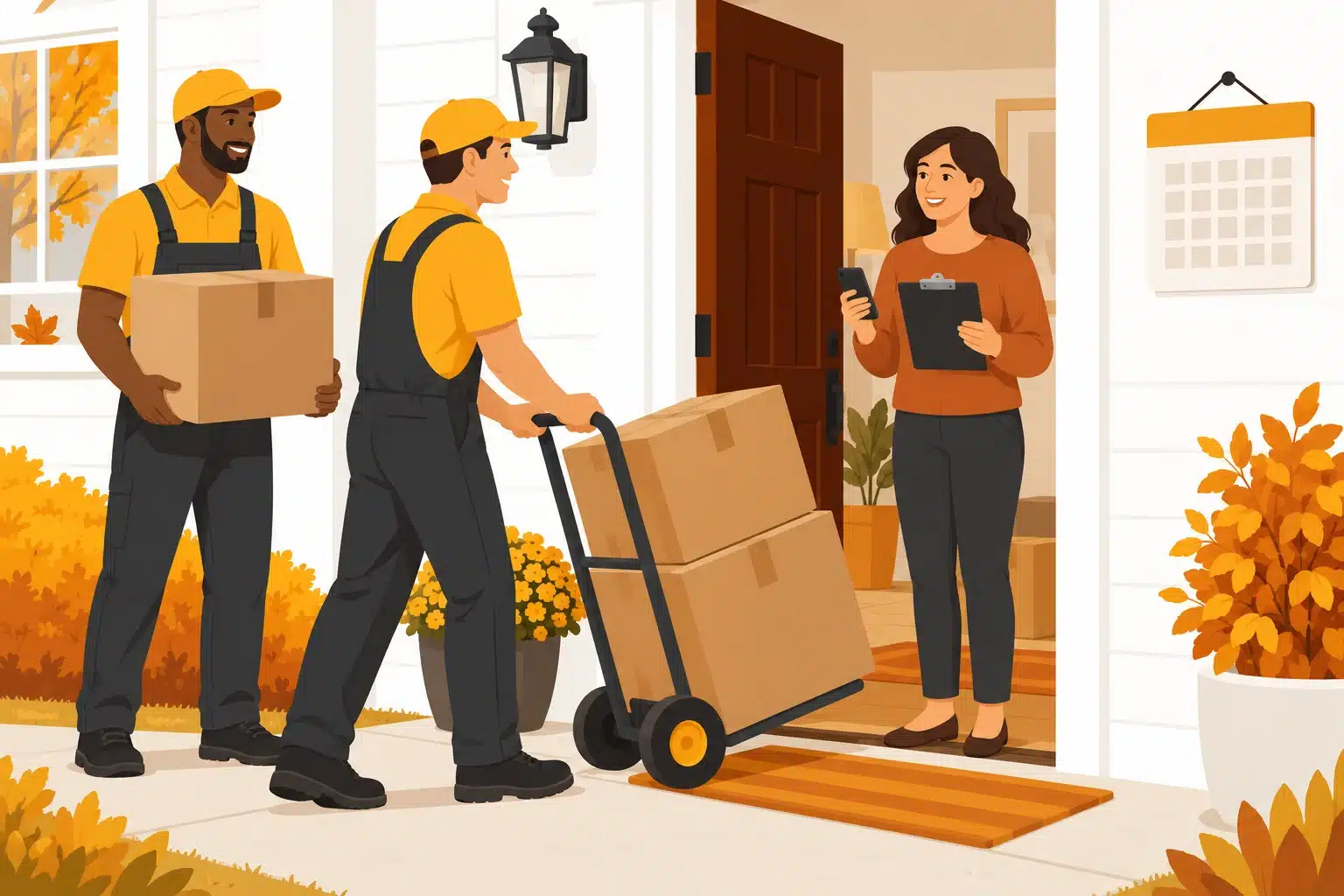 Illustration of a receiver with a phone and clipboard greeting movers carrying boxes to a home.