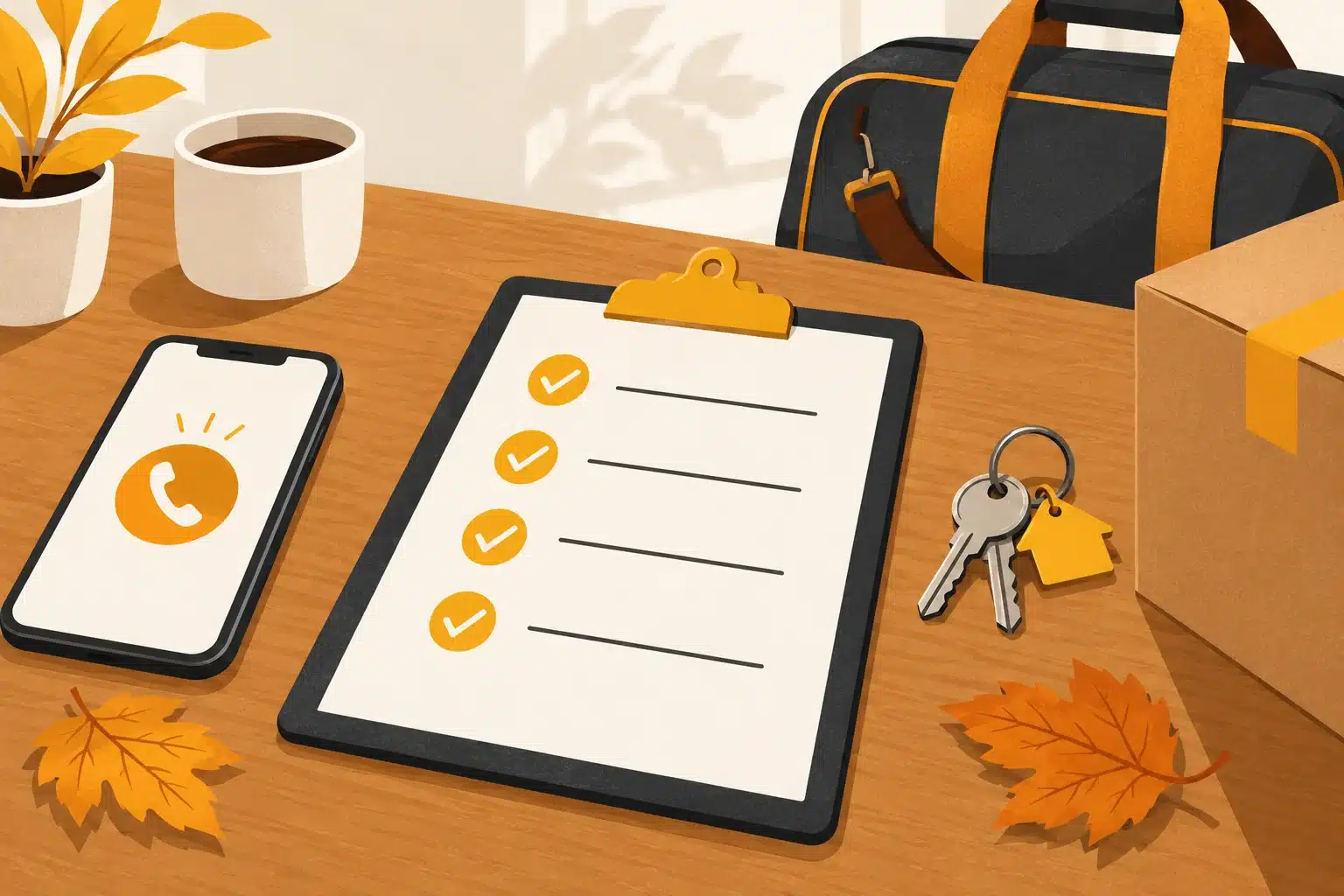 Illustration of a phone, checklist and house keys beside a travel bag and moving box.