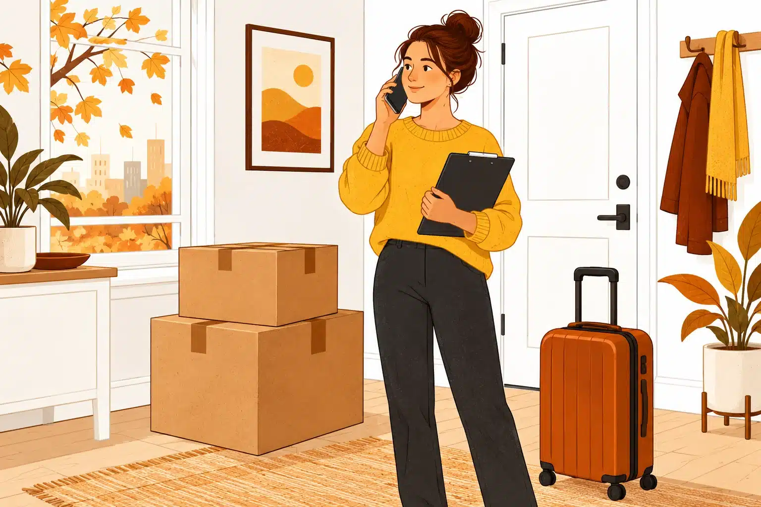 Illustration of a customer confirming moving arrangements by phone beside packed boxes and a travel suitcase.